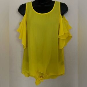 Womens Yellow Cold-Shoulder Tie-Hem Blouse